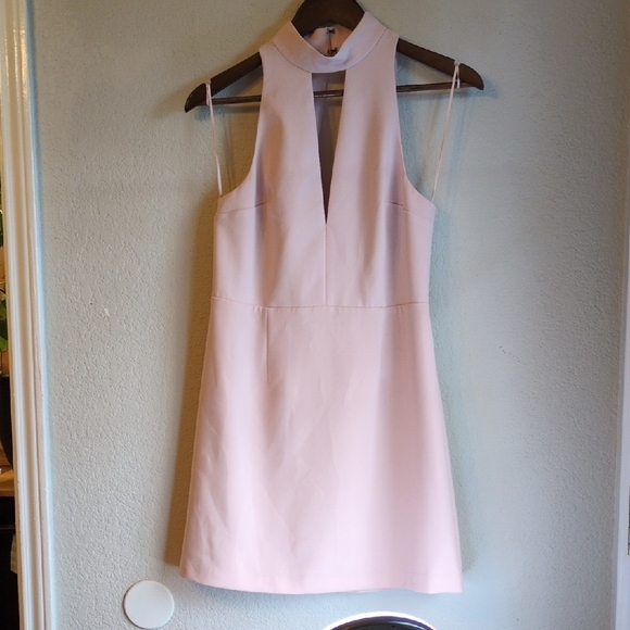 Express Mock Neck Keyhole Dress, ballet pink/black lace sz.8 - Picture 1 of 6